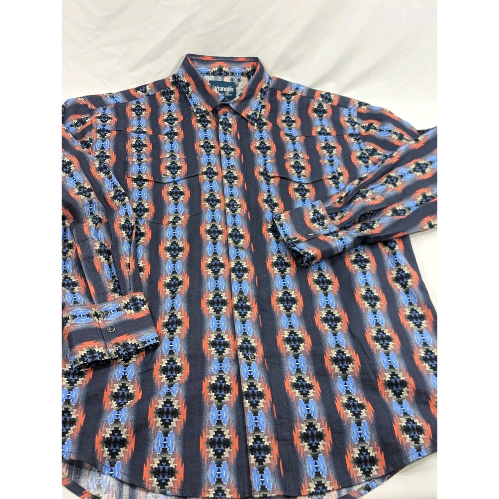 Vintage‎ Wrangler Aztec Pearl Snap Mens Cowboy Dress Shirt Blue Size Large - Picture 3 of 10